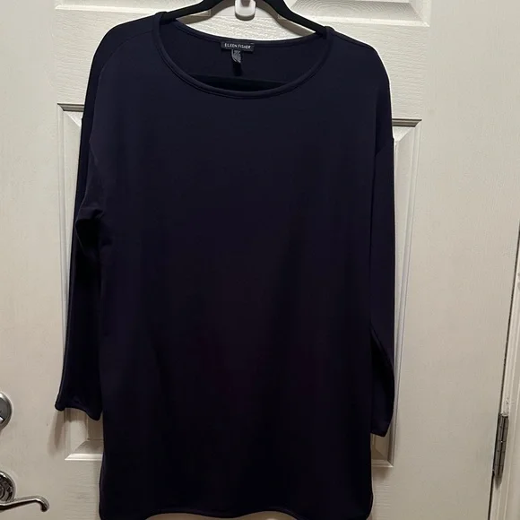 Eileen Fisher Deep Navy Long-Sleeve Scoop Neck Long Line Tunic Top Size Small - Picture 1 of 5